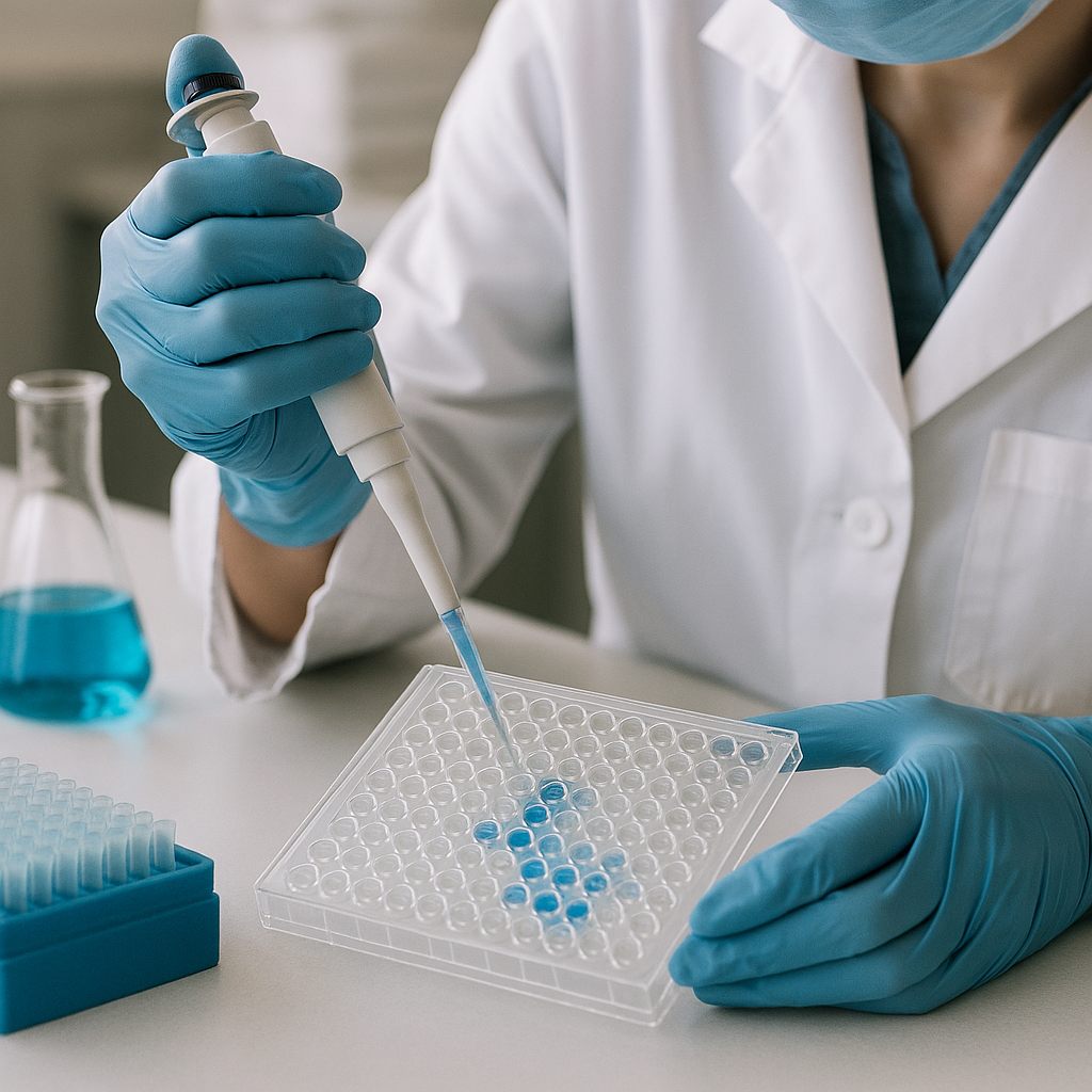 Scientist pipetting into an ELISA plate
